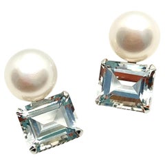 Freshwater Pearl and Emerald-cut White Topaz Earrings