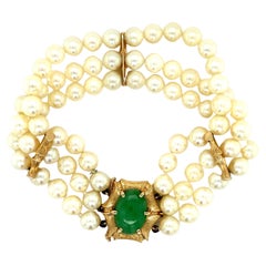 Bracelet en or 14 carats avec perles d'eau douce et jadéite, années 1970