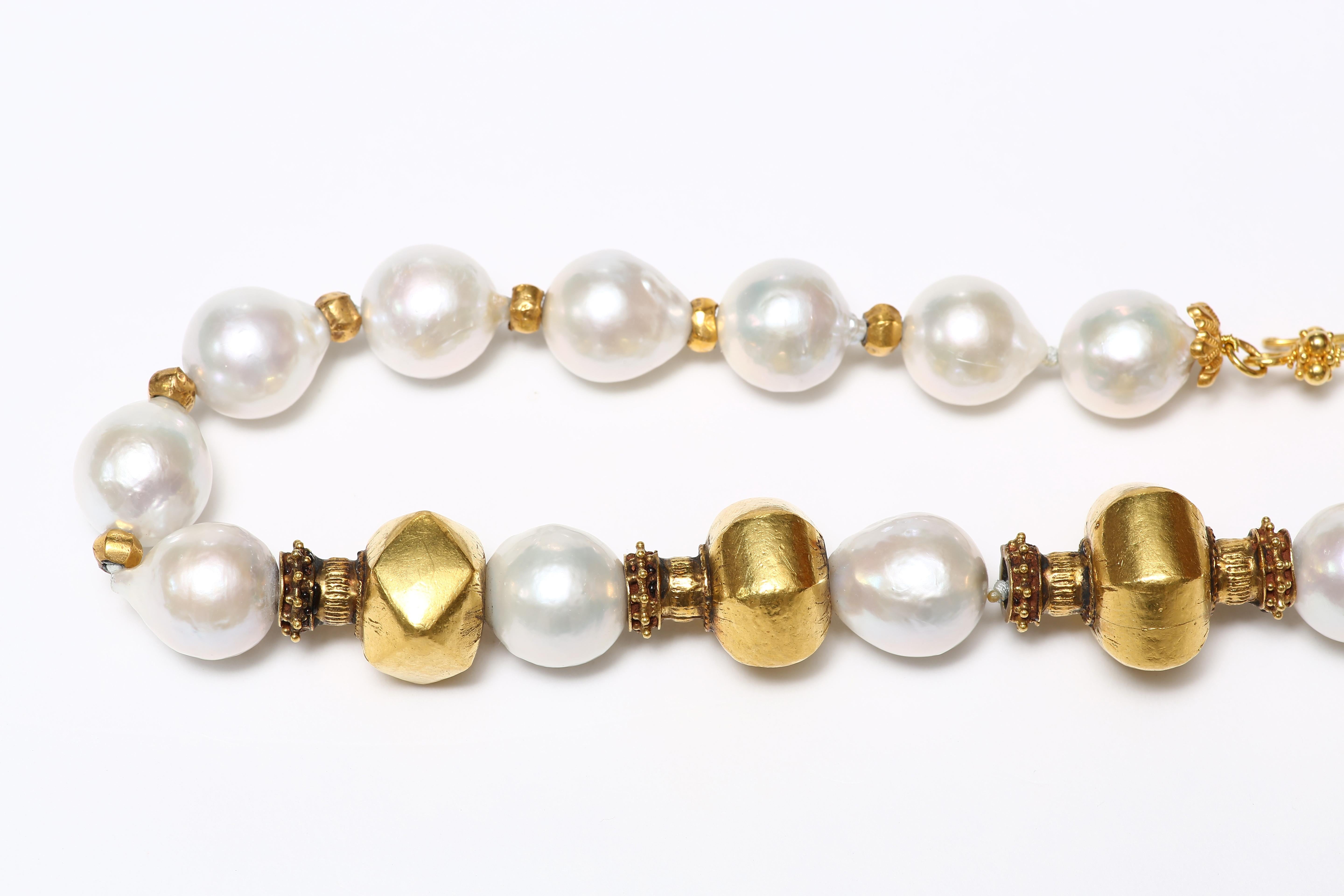 Contemporary Freshwater Pearl and Old Wax Gold Necklace For Sale