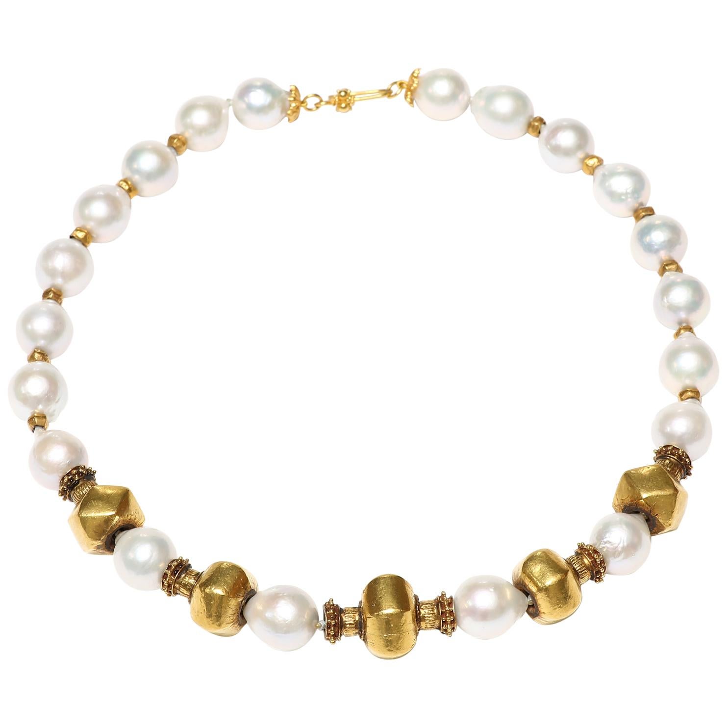 Freshwater Pearl and Old Wax Gold Necklace For Sale