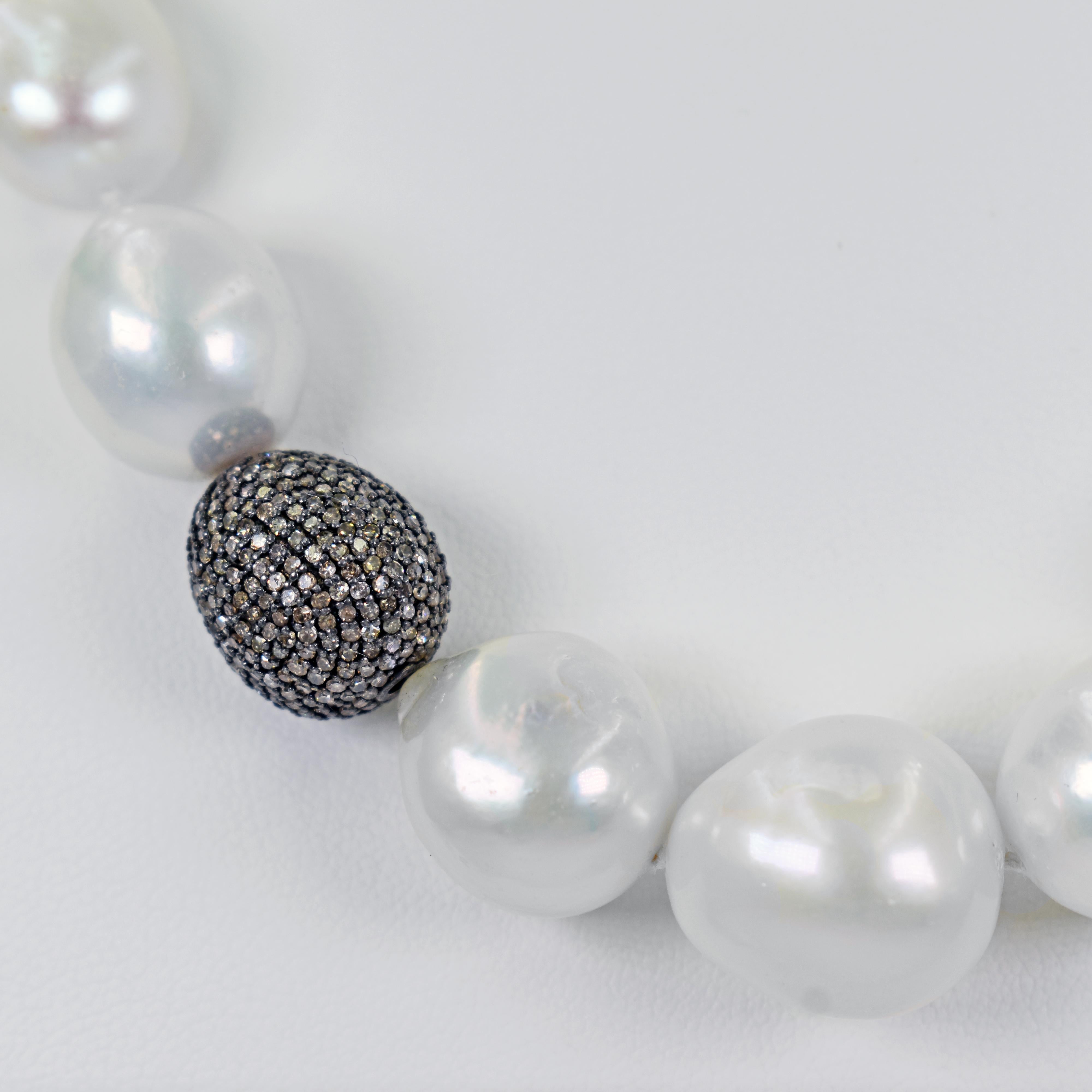 Oval / drop shaped Freshwater Pearl beaded necklace with pavé white and brown diamond oxidized sterling silver 