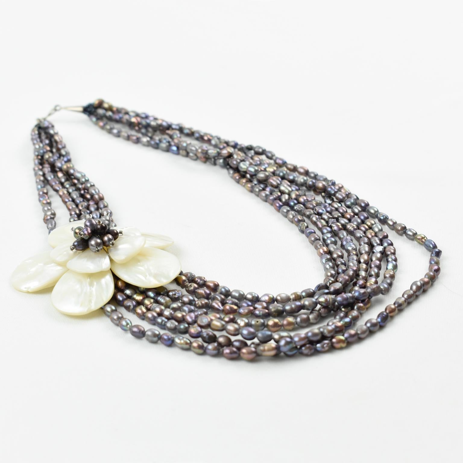 Modern Freshwater Pearl and SeaShell Multi Strand Choker Necklace For Sale