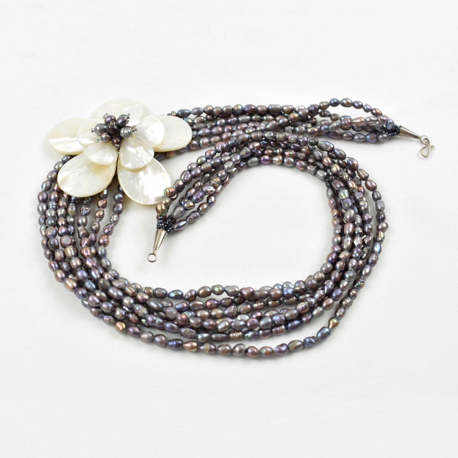 Women's or Men's Freshwater Pearl and SeaShell Multi Strand Choker Necklace For Sale