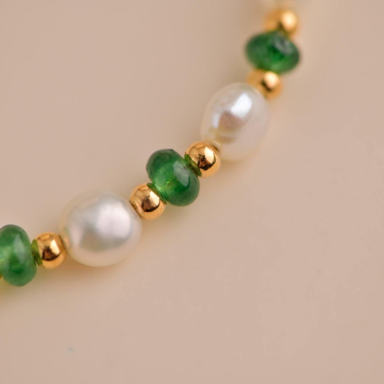 Women's or Men's Freshwater Pearl and Synthetic Chrysoberyl Necklace For Sale