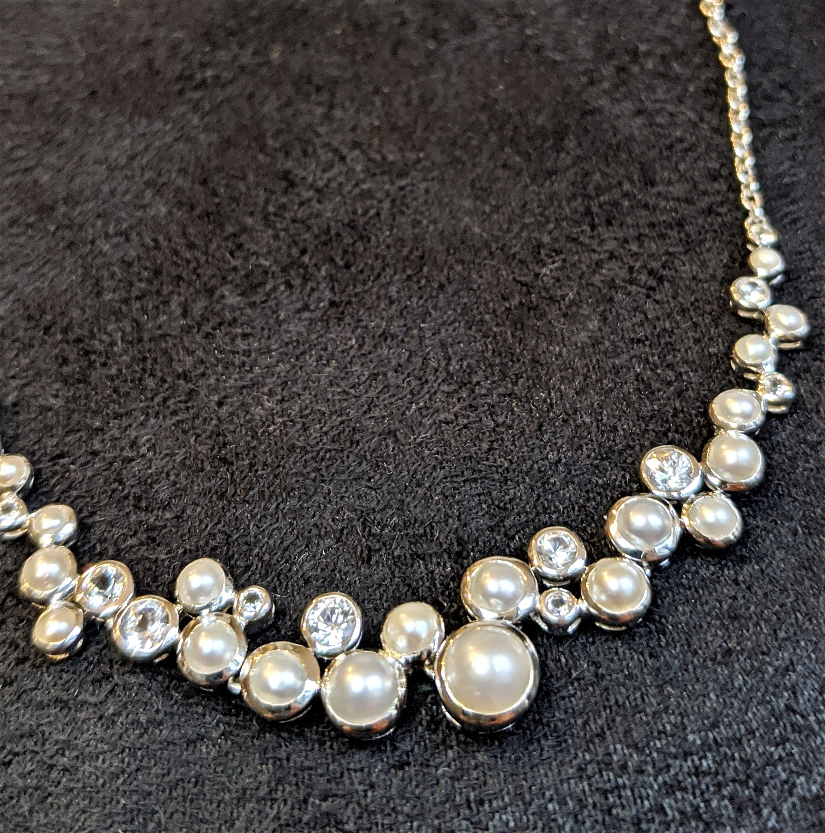 Contemporary Freshwater Pearl and White Zircon Necklace