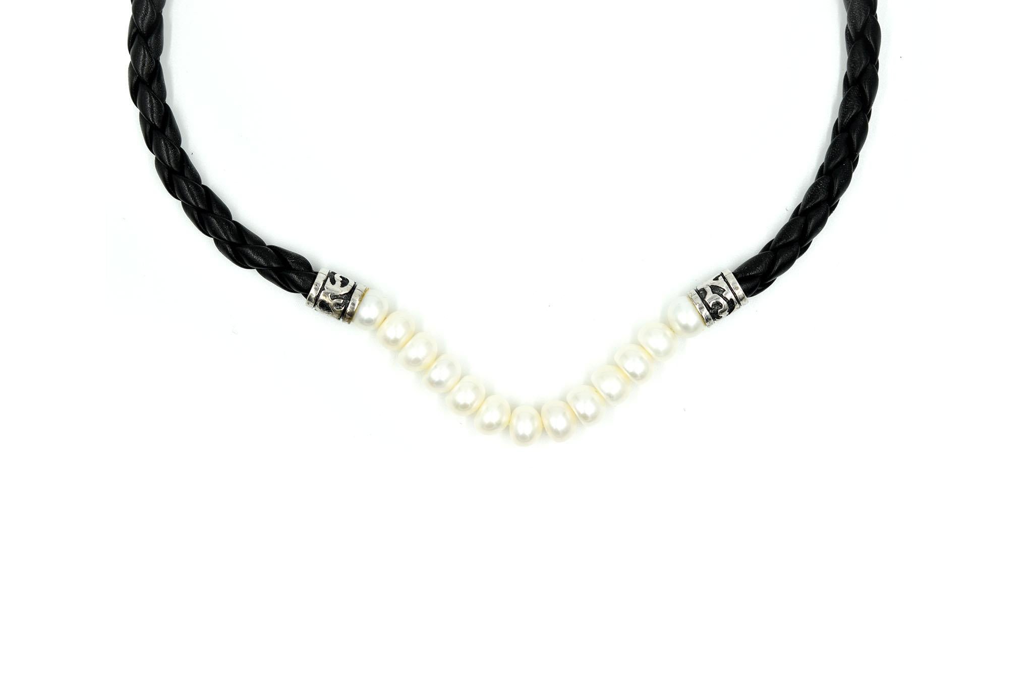Freshwater Pearl Black Leather Braid Necklace with Sterling Silver Clasp In Excellent Condition In Scottsdale, AZ