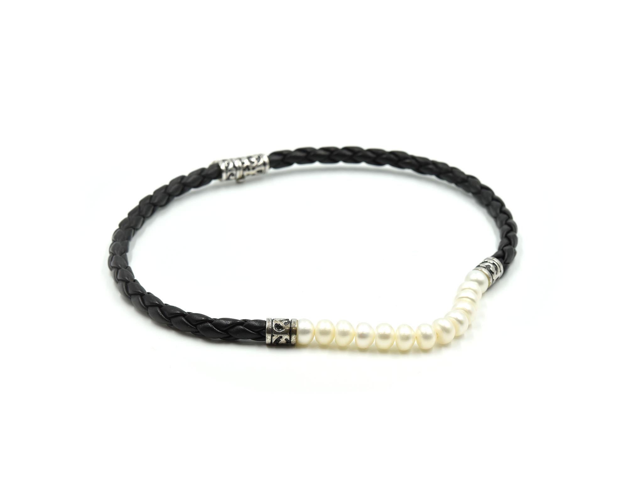Women's Freshwater Pearl Black Leather Braid Necklace with Sterling Silver Clasp