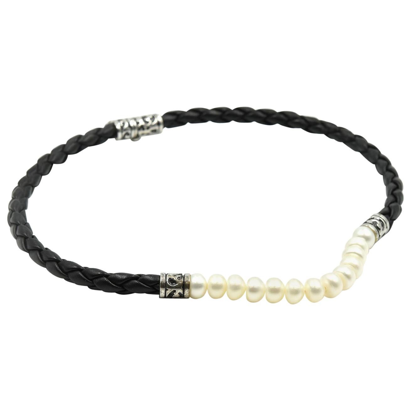 Freshwater Pearl Black Leather Braid Necklace with Sterling Silver Clasp