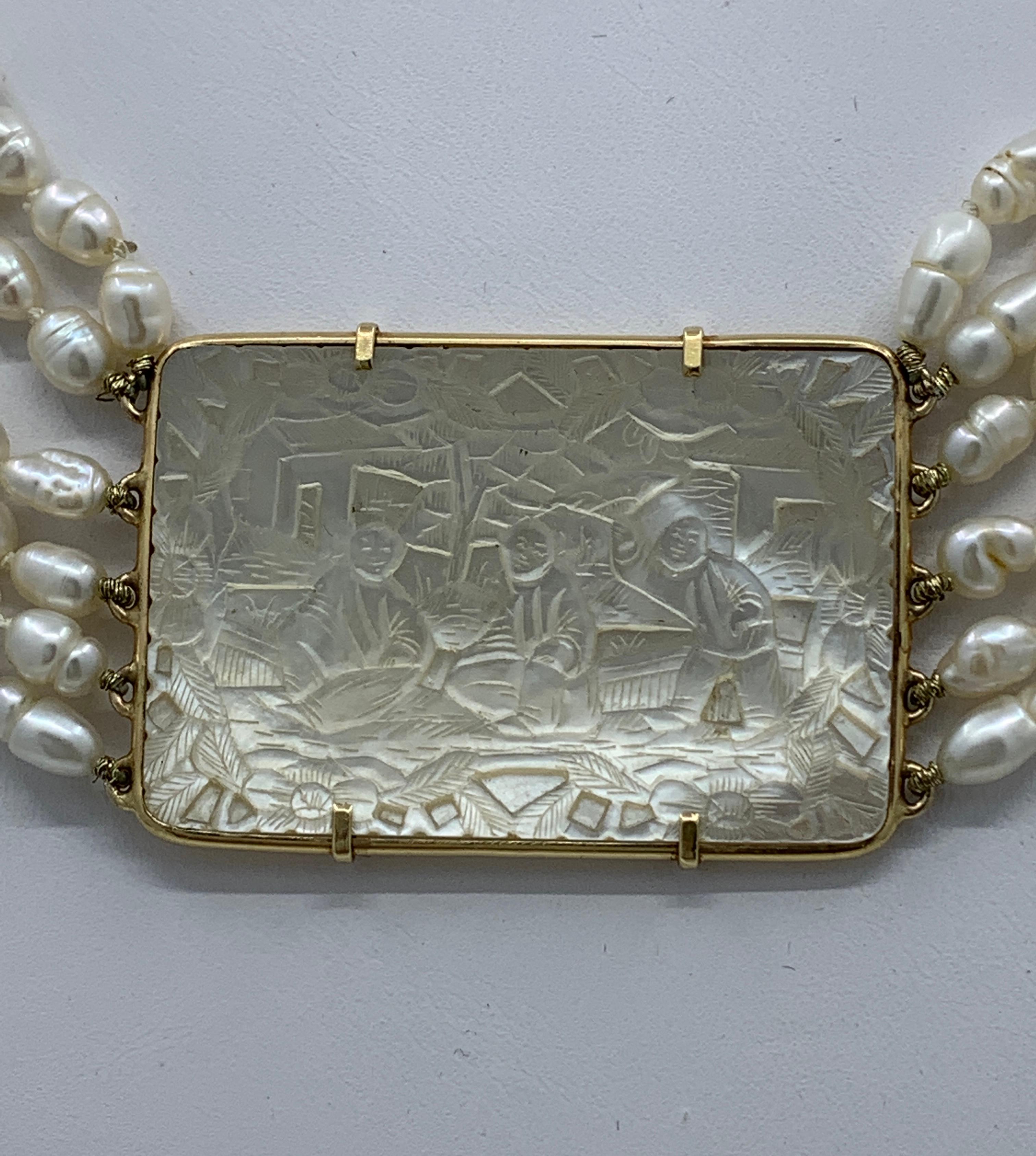 Bead Freshwater Pearl Choker with Chinese Mother-of-Pearl Gambling Chip 14 Karat