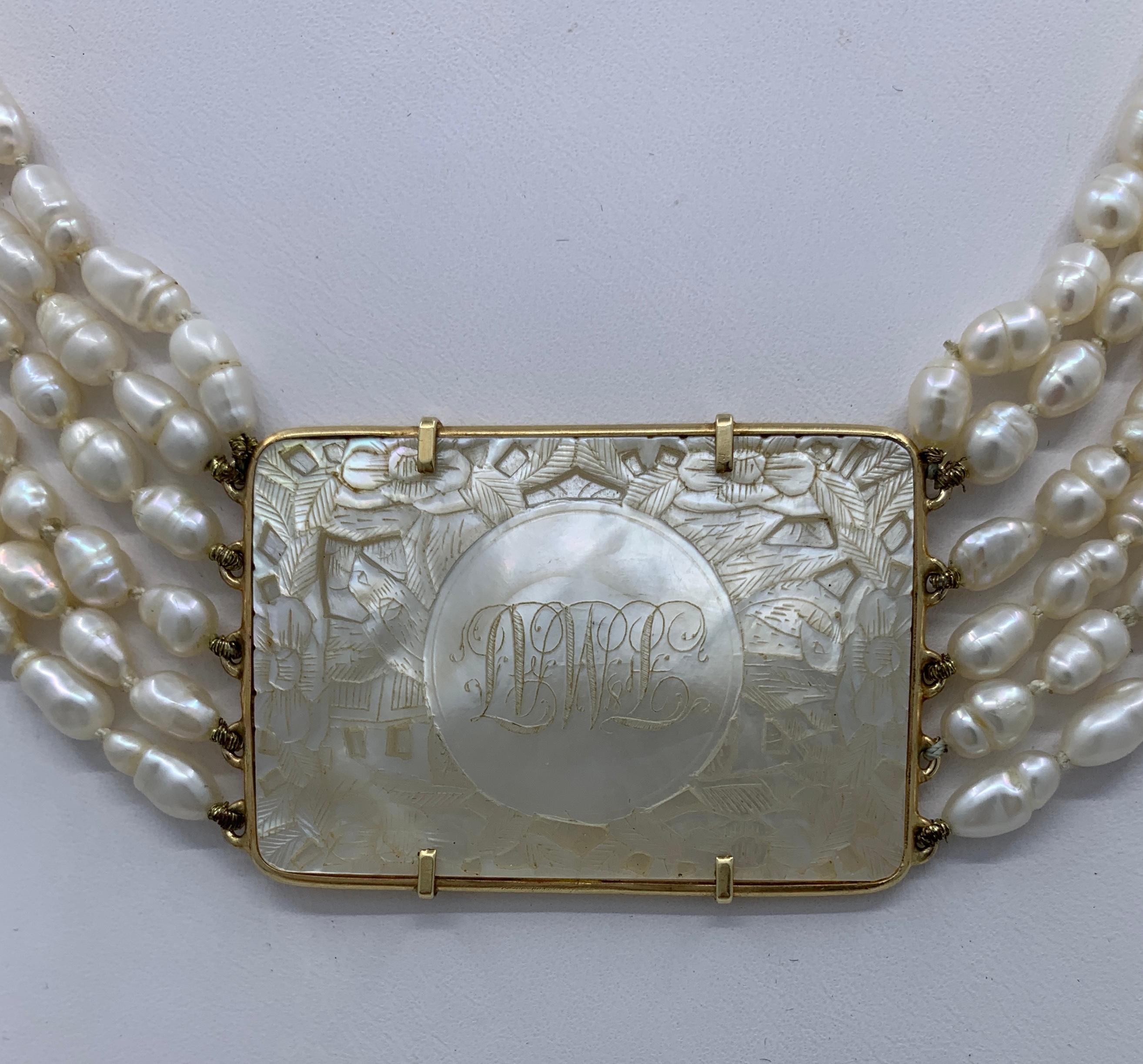 British Colonial Freshwater Pearl Choker with Chinese Mother-of-Pearl Gambling Chip 14 Karat