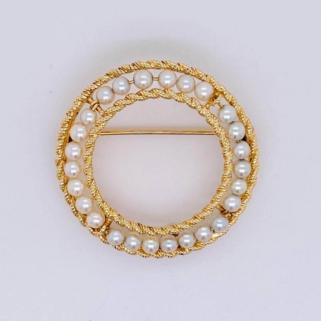 Bead Pearl & Gold Rope Circle Brooch 1.25