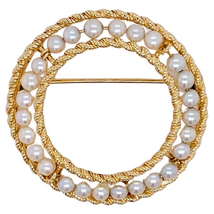 Pearl & Gold Rope Circle Brooch 1.25" Diameter in 14 Karat Yellow Gold