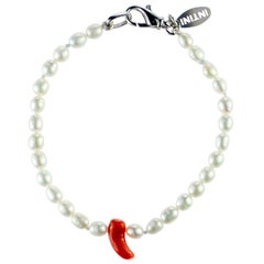 Freshwater Pearl Coral Horn Sterling Silver Beaded Handmade Cocktail Bracelet