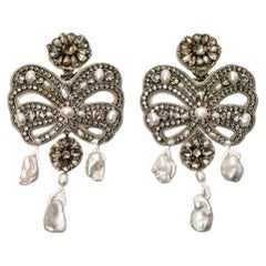 Freshwater Pearl & Crystal Embellished Bow Style Clip-On Earrings circa 1980s