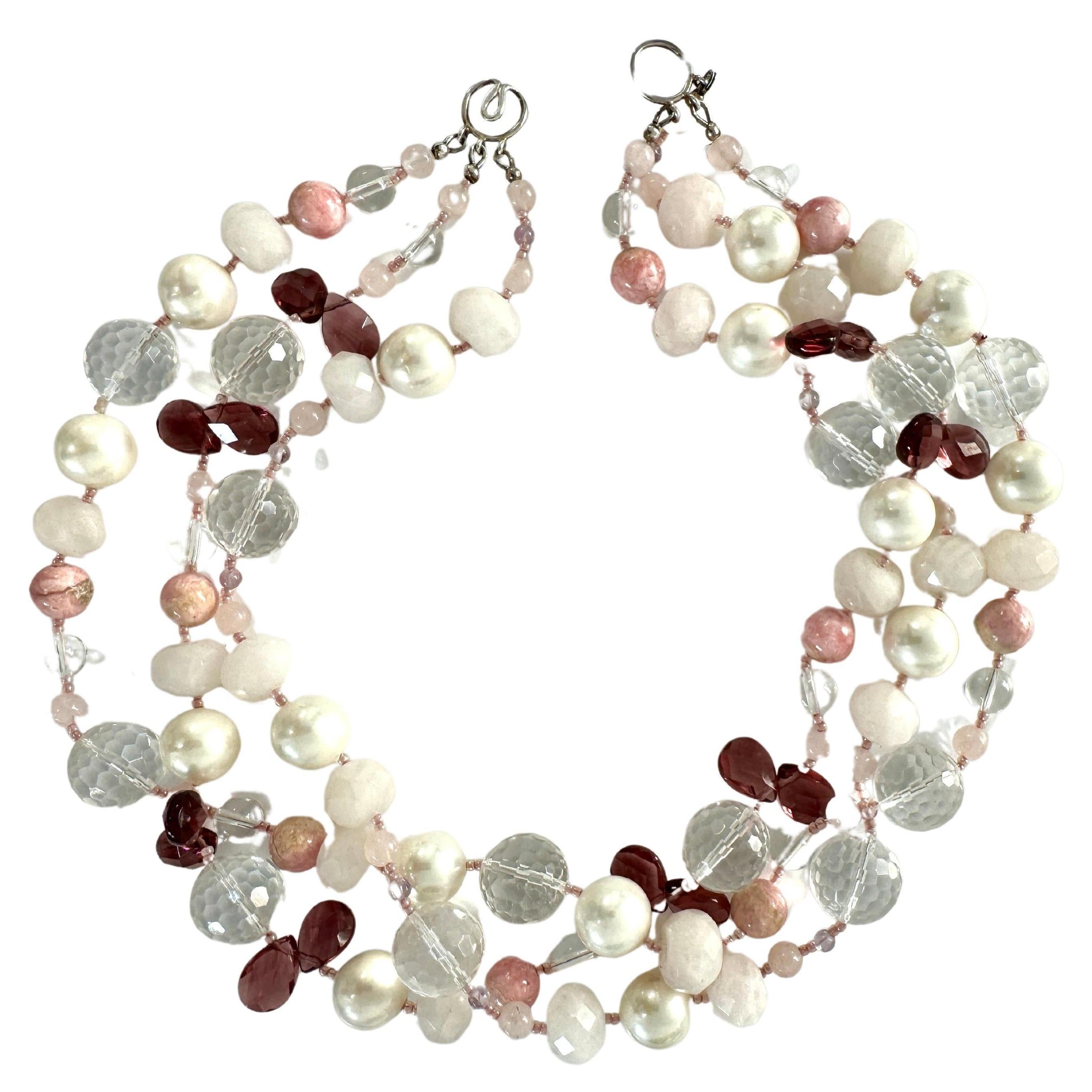 Mixed Cut Freshwater Pearl Crystal Rose Quartz Three Strand Chocker Necklace For Sale