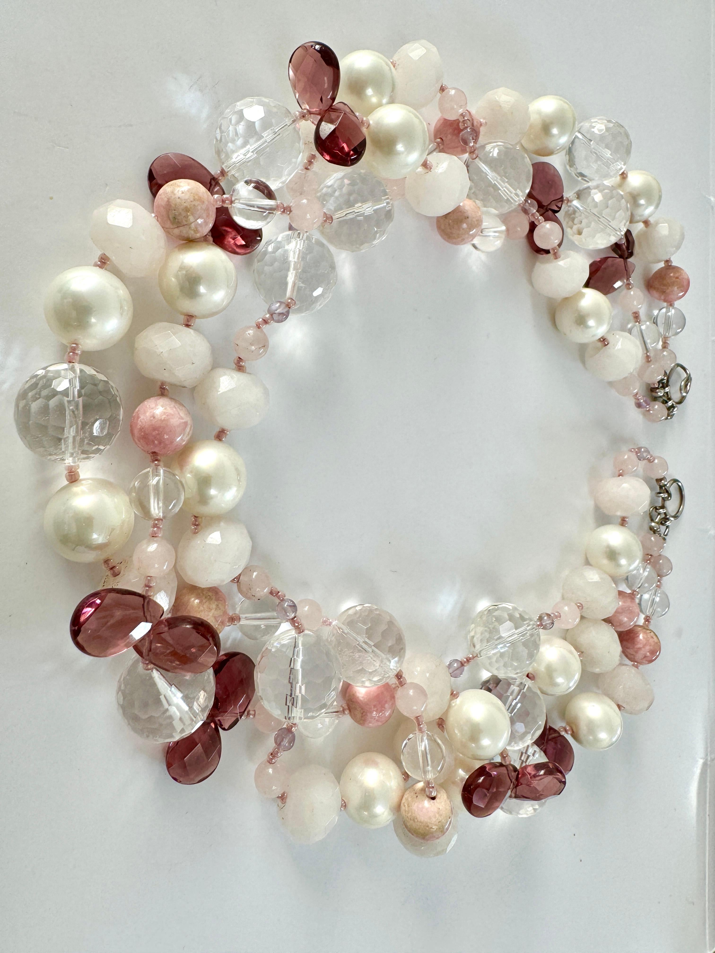 Freshwater Pearl Crystal Rose Quartz Three Strand Chocker Necklace In New Condition For Sale In Lake Worth, FL