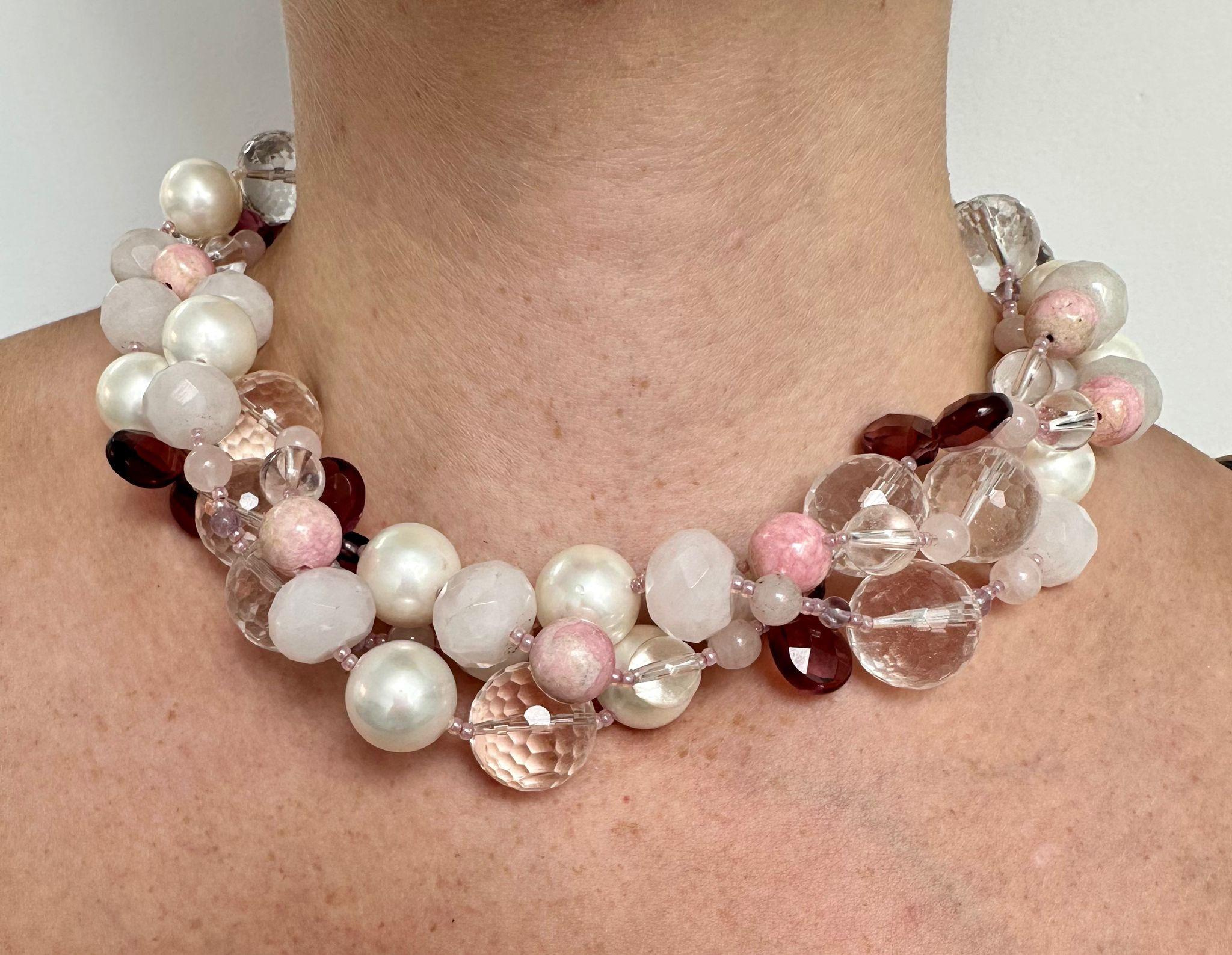Women's Freshwater Pearl Crystal Rose Quartz Three Strand Chocker Necklace For Sale
