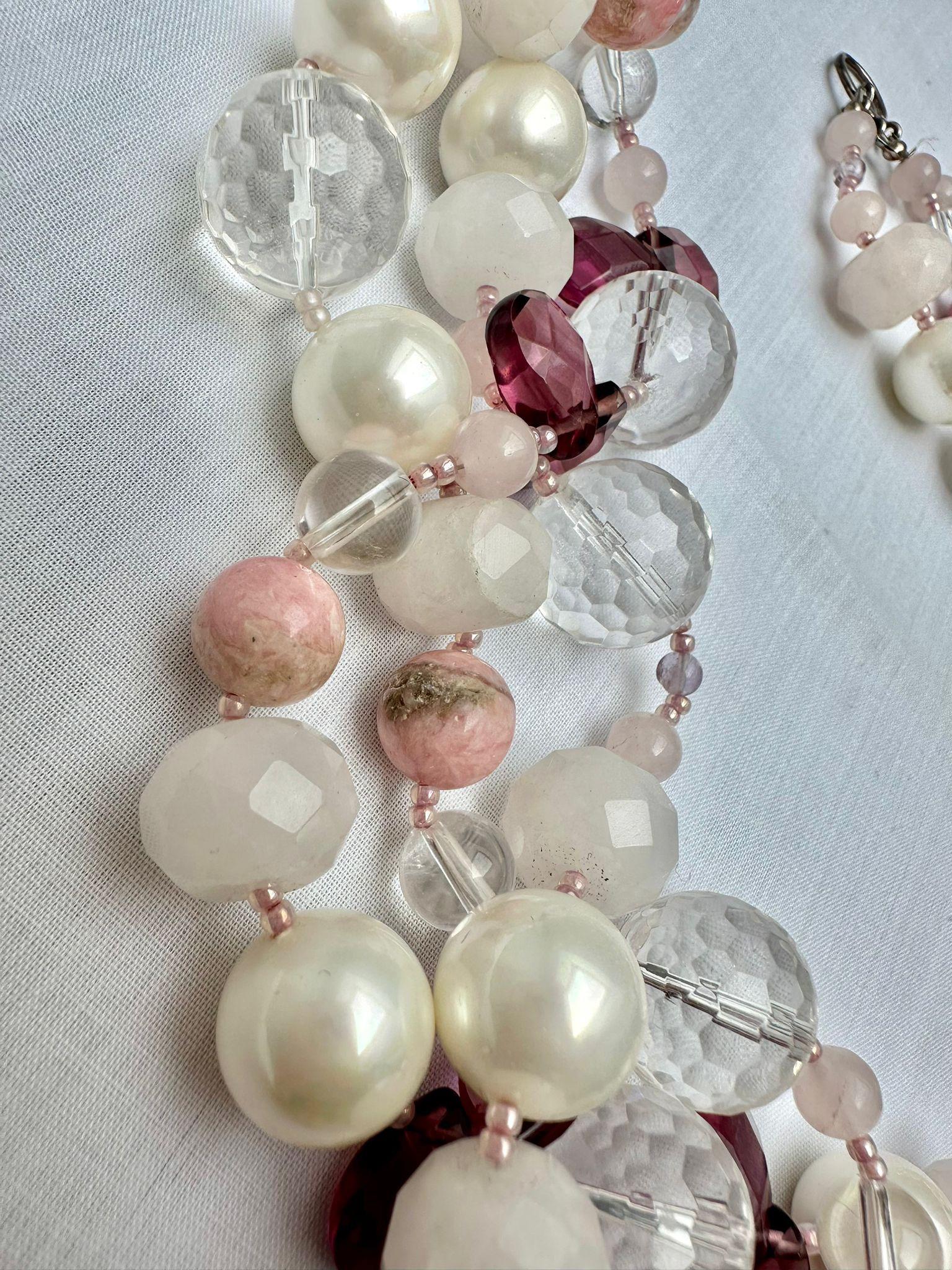 Freshwater Pearl Crystal Rose Quartz Three Strand Chocker Necklace For Sale 1