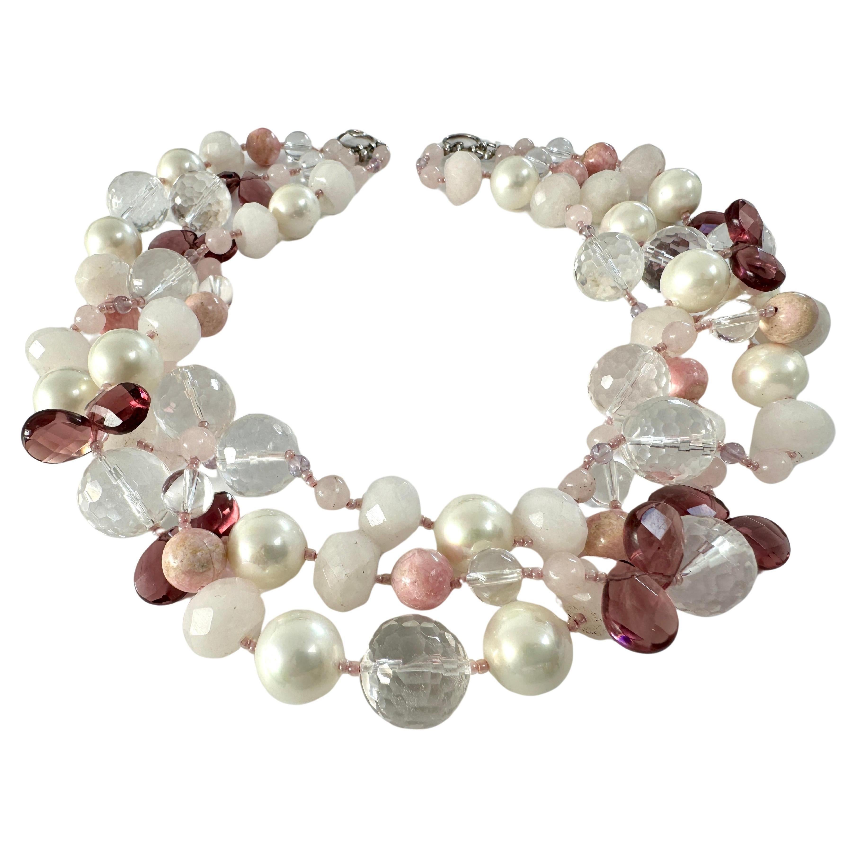 Freshwater Pearl Crystal Rose Quartz Three Strand Chocker Necklace
