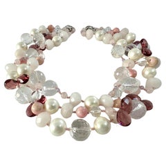 Freshwater Pearl Crystal Rose Quartz Three Strand Chocker Necklace