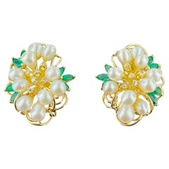 Freshwater Pearl, Diamond and Emerald Earrings