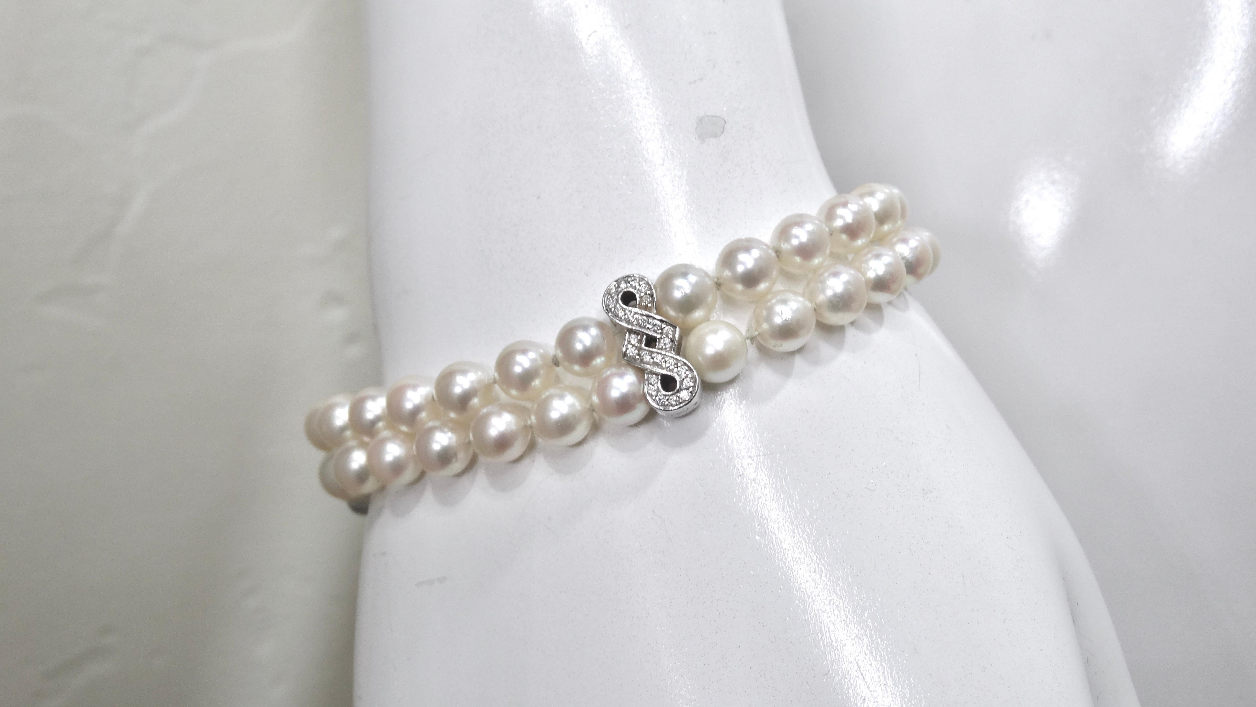 Doppelreihiges Süßwasserperlen- und Diamant-Perlen-Armband für Damen oder Herren im Angebot