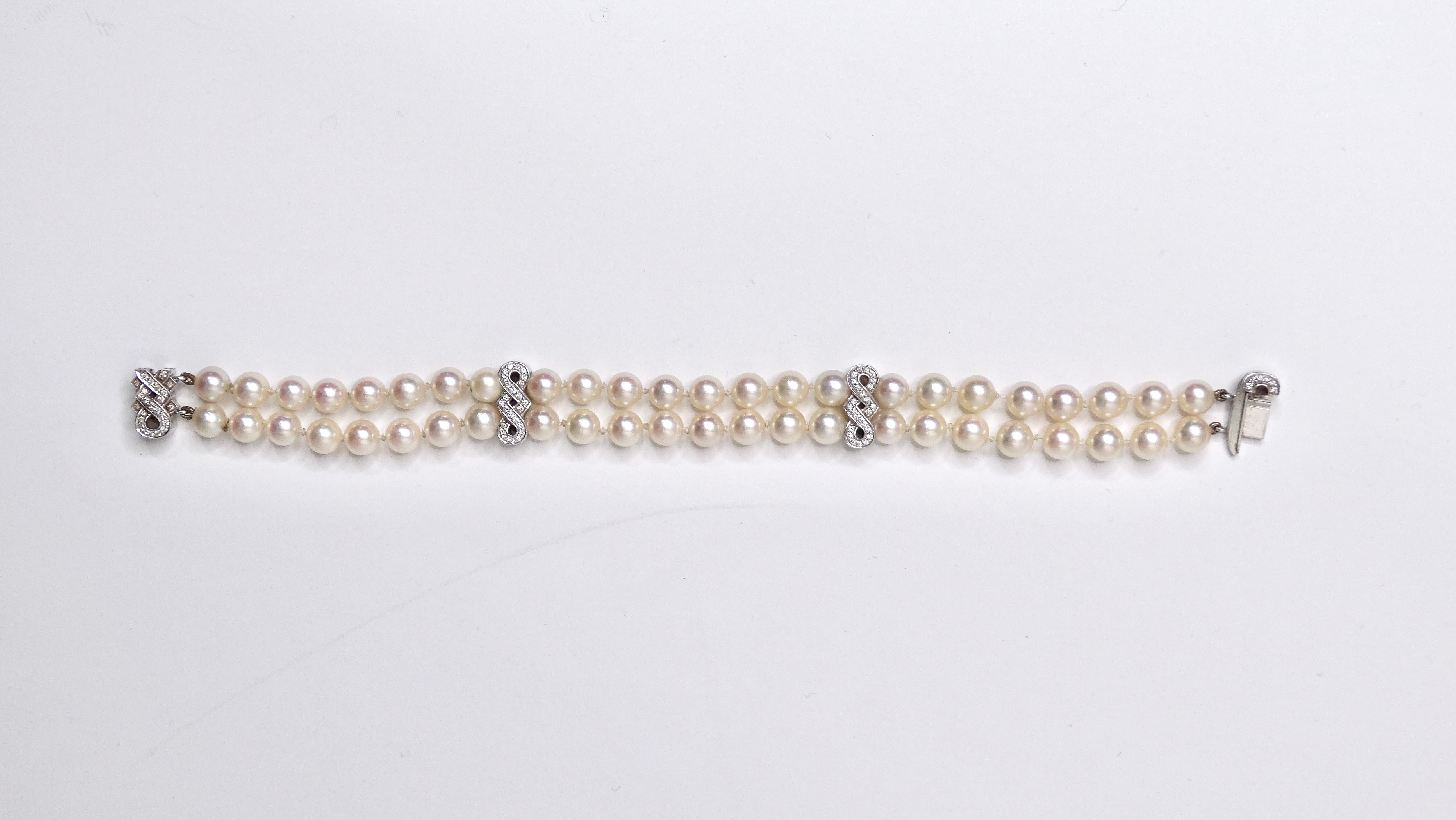 Doppelreihiges Süßwasserperlen- und Diamant-Perlen-Armband im Angebot 1