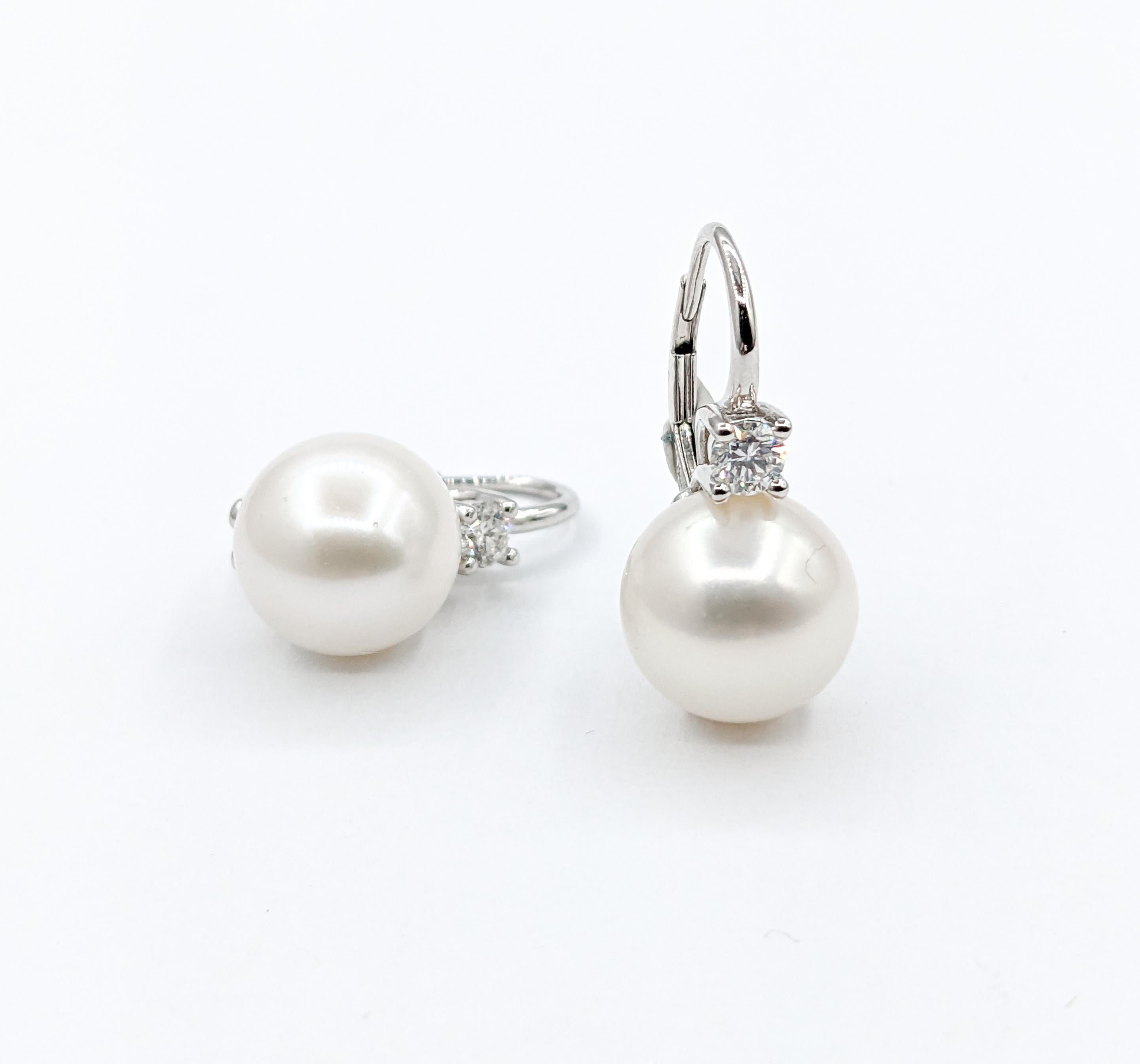 Contemporary Freshwater Pearl & Diamond Drop Earrings in White Gold