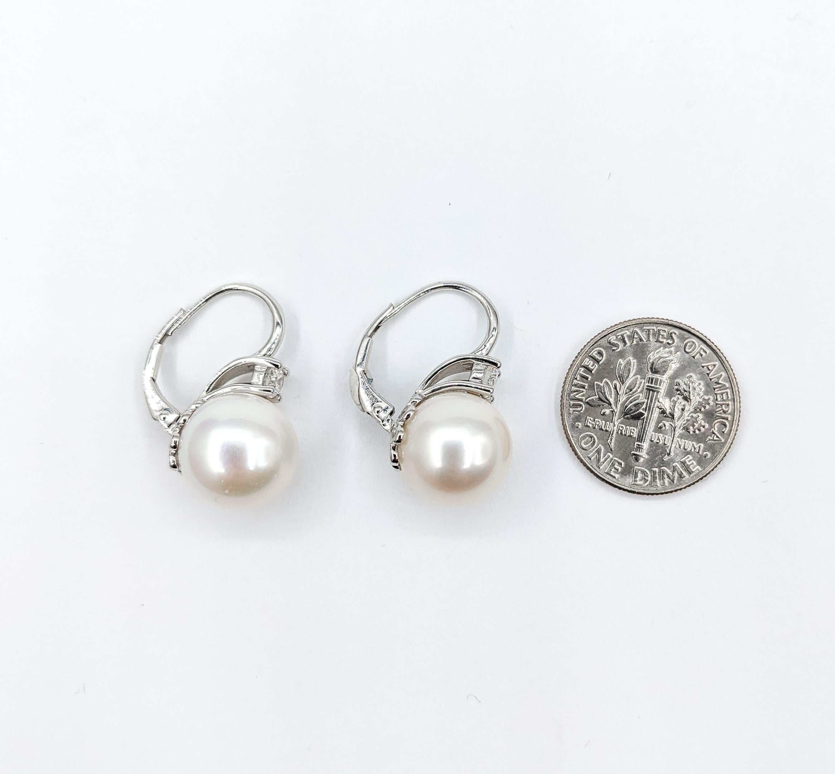 Round Cut Freshwater Pearl & Diamond Drop Earrings in White Gold