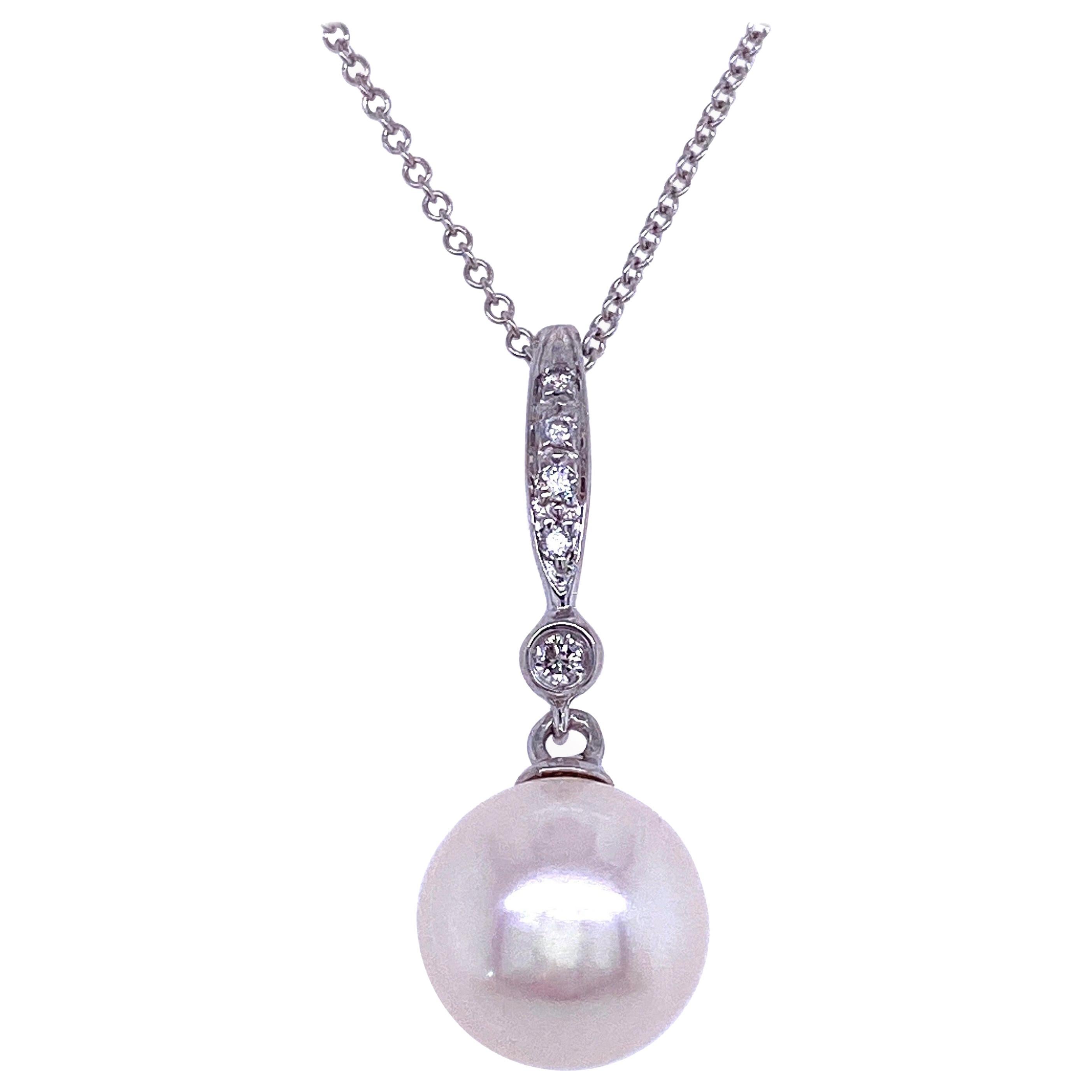 Freshwater Pearl Diamond Drop Pendant Necklace 14 Karat White Gold For Sale