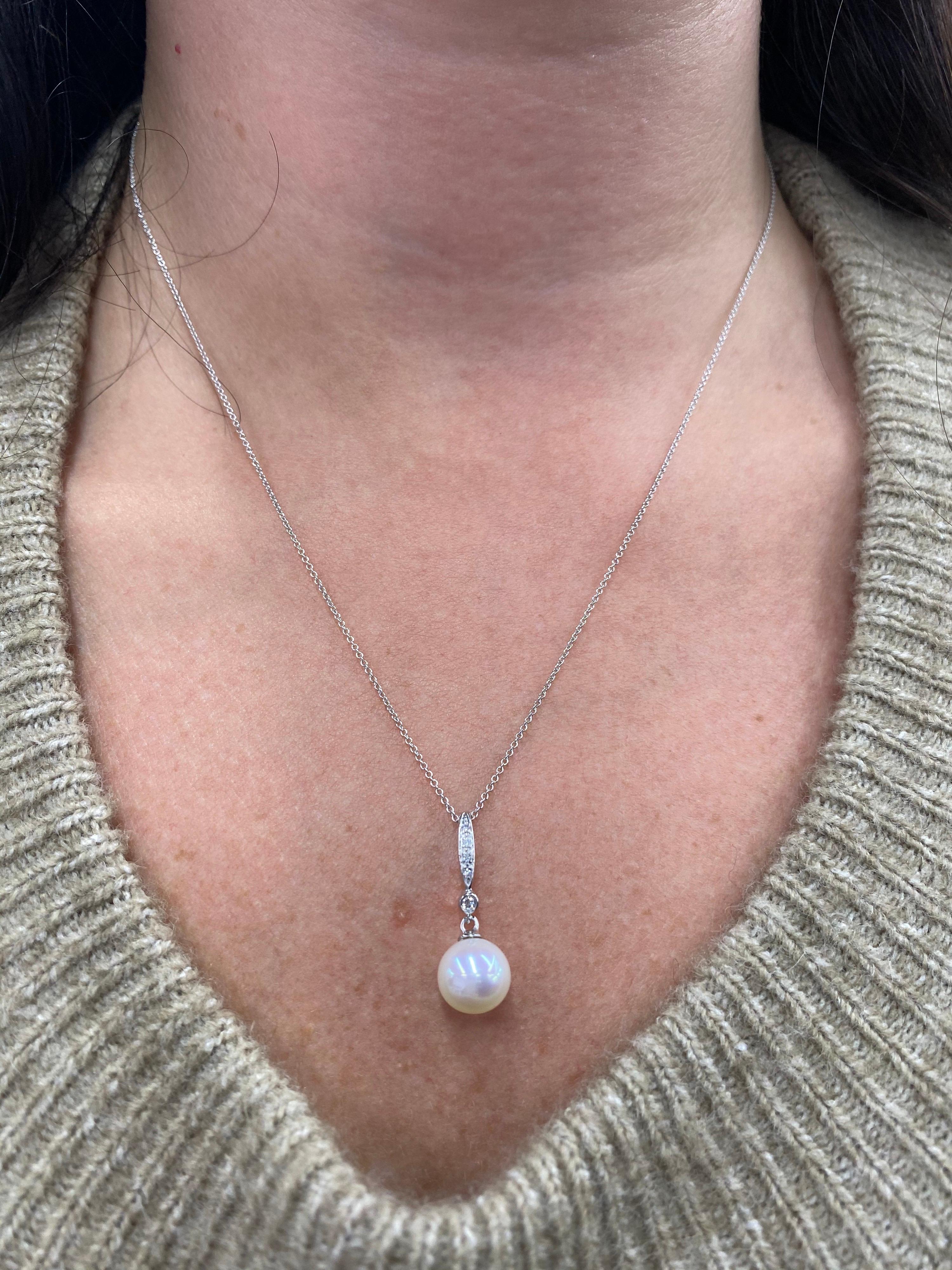 Women's Freshwater Pearl Diamond Drop Pendant Necklace 14 Karat White Gold