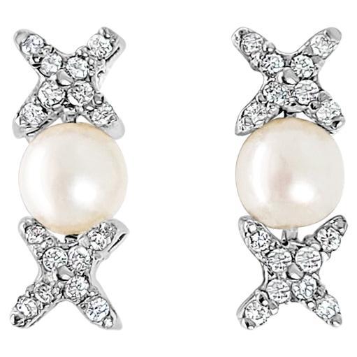 Freshwater Pearl Diamond Drop XOXO Earrings For Sale