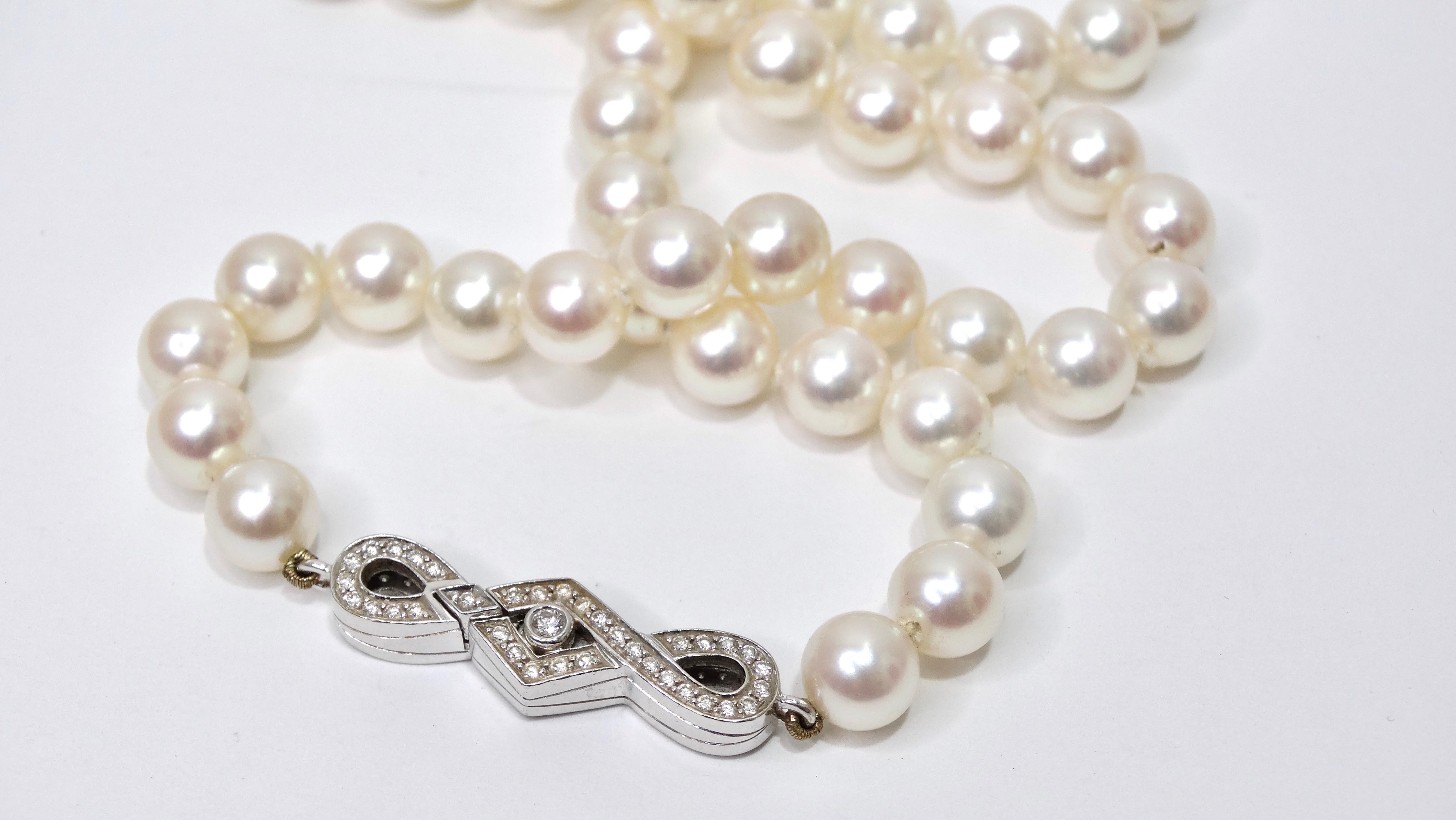 A beautifully made elegant authentic freshwater pearl necklace that anyone can use in their jewelry collection. Pearls are decadent and one of the most coveted materials for jewelry. This necklace is featured in a 18k white gold with a diamond