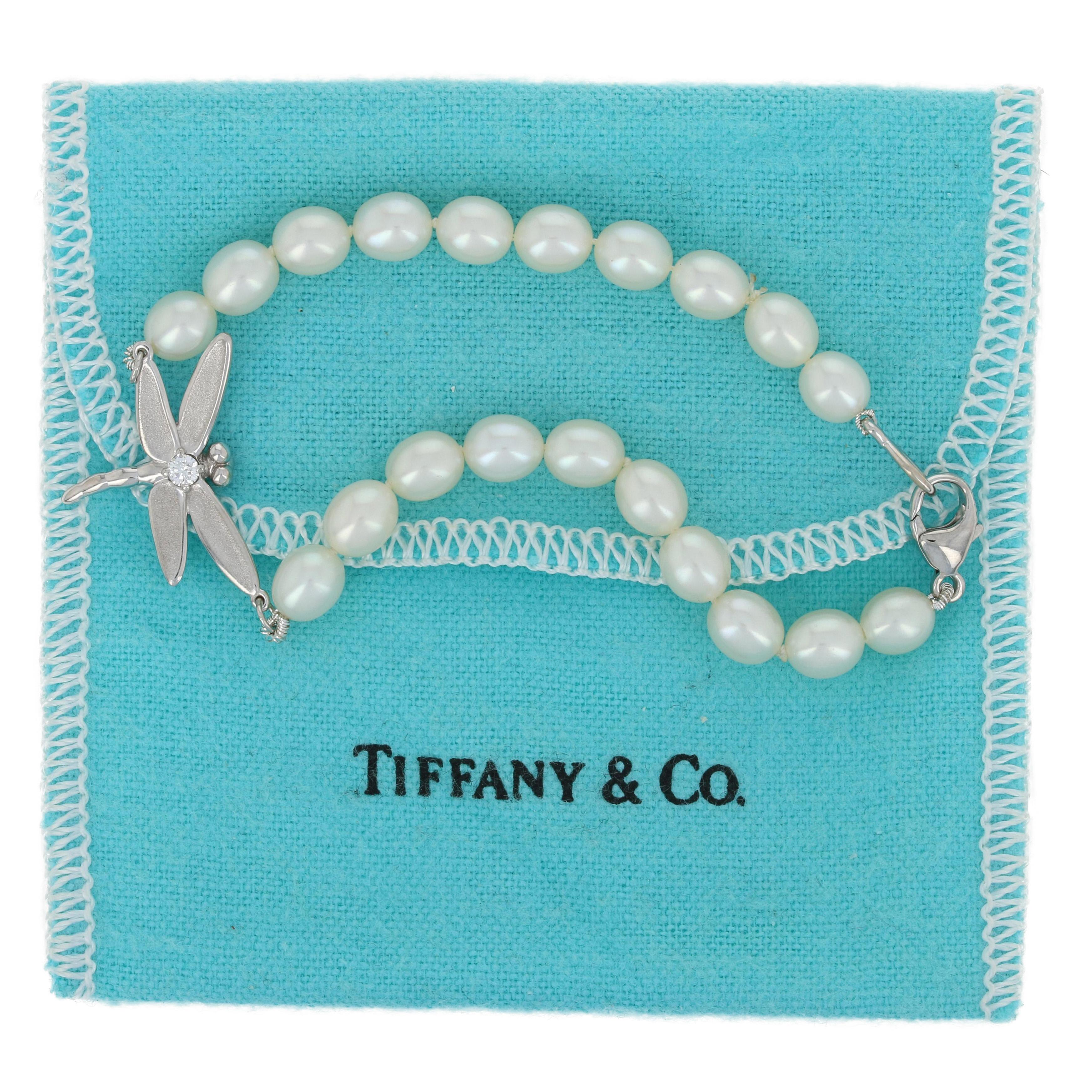 Round Cut Freshwater Pearl & Diamond Tiffany & Co. Dragonfly Bracelet 18k White Gold w/Bag