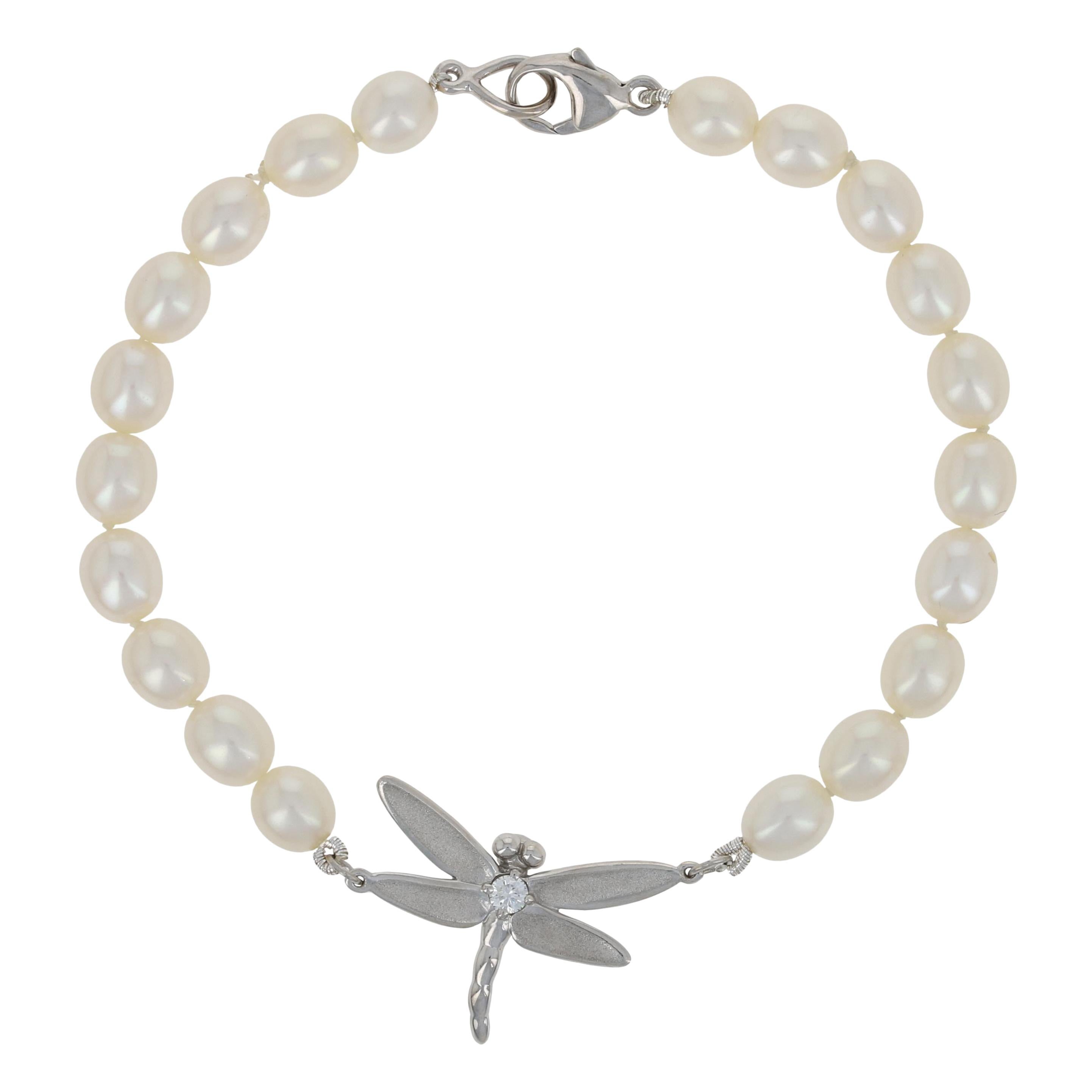 Freshwater Pearl & Diamond Tiffany & Co. Dragonfly Bracelet 18k White Gold w/Bag
