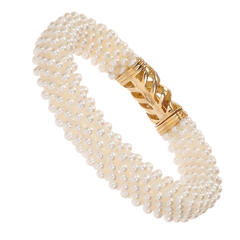 Freshwater Pearl Diamond Yellow Gold Multi Strand Bracelet at 1stDibs