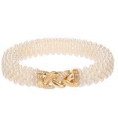 Freshwater Pearl Diamond Yellow Gold Multi Strand Bracelet