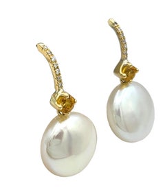 Freshwater Pearl, Diamond & Yellow Sapphire Drop Earrings 18 Karat Yellow Gold
