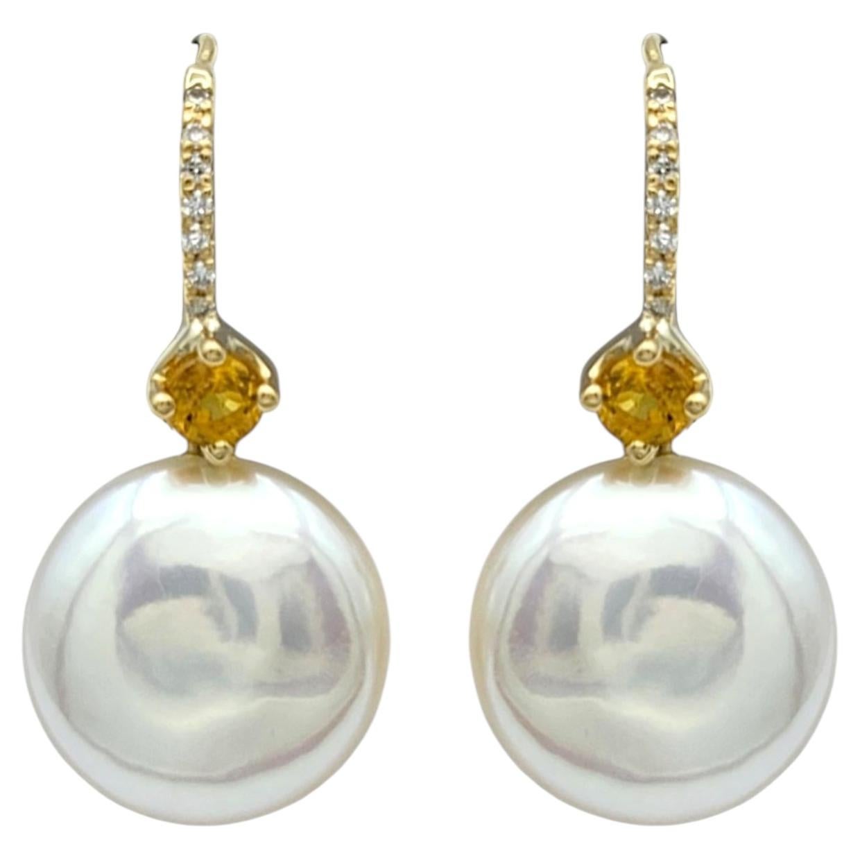 Freshwater Pearl, Diamond & Yellow Sapphire Drop Earrings 18 Karat Yellow Gold