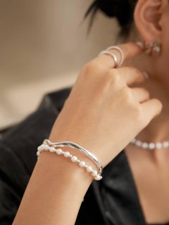 Freshwater Pearl Double Arc Silver Bracelet