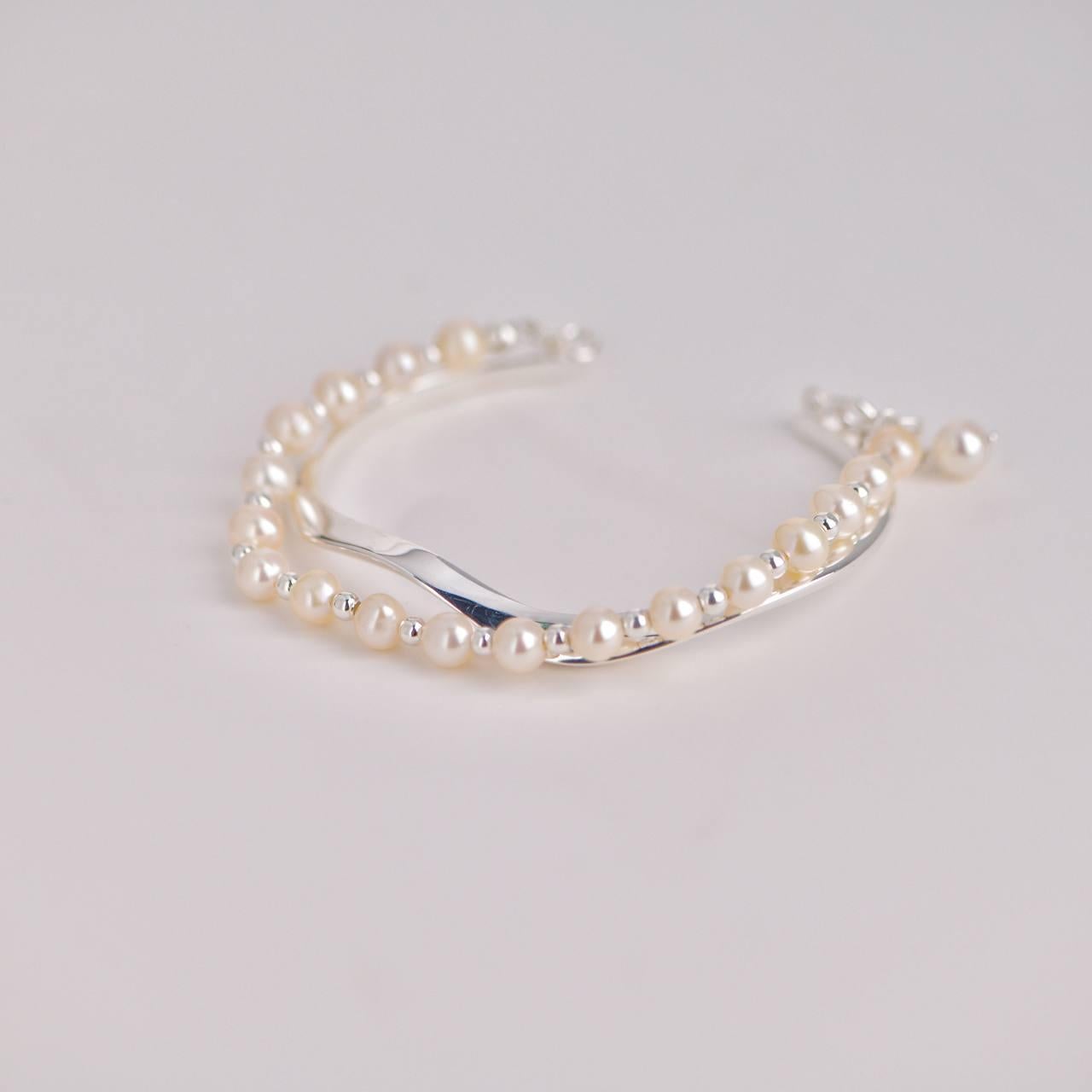 Bead Freshwater Pearl Double Arc Silver Bracelet For Sale