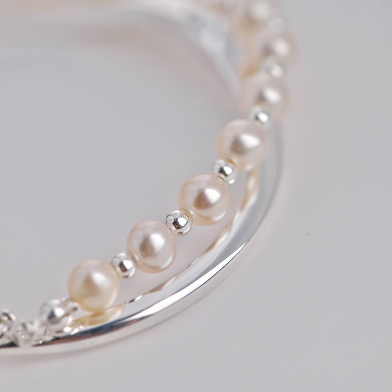 Freshwater Pearl Double Arc Silver Bracelet For Sale 1