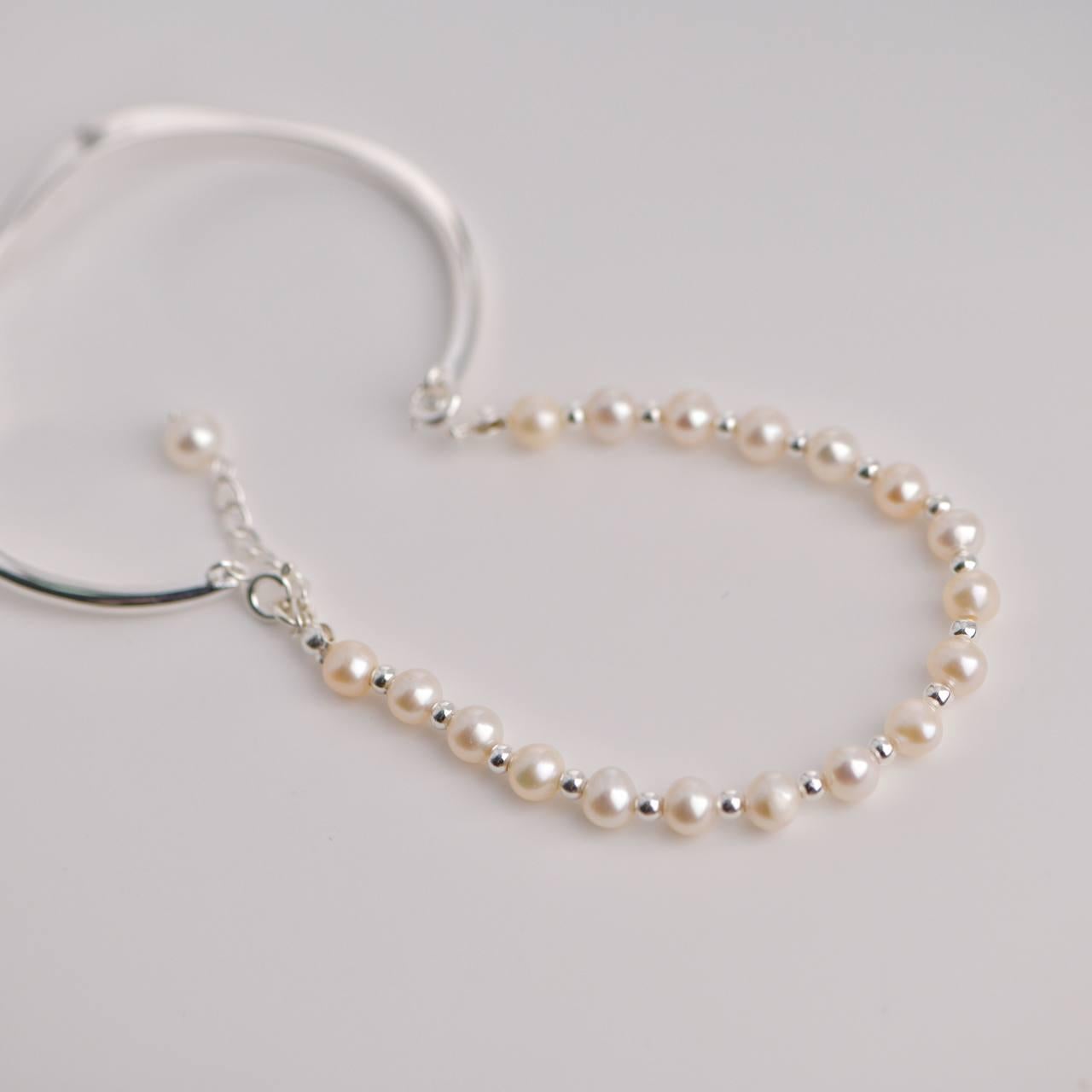 Freshwater Pearl Double Arc Silver Bracelet For Sale 2