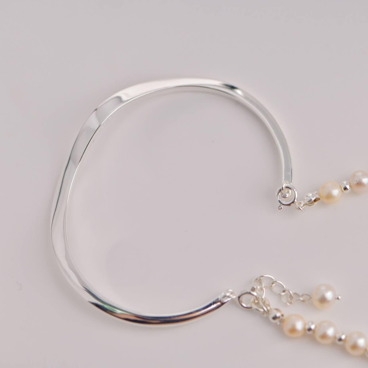 Freshwater Pearl Double Arc Silver Bracelet For Sale 3