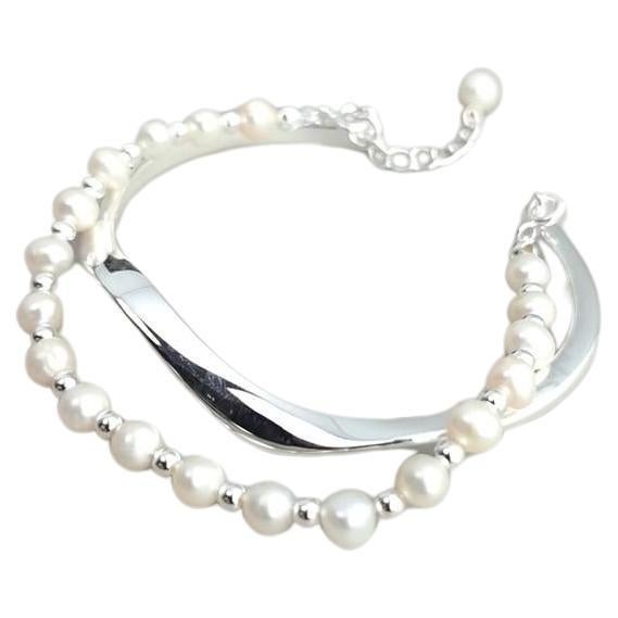 Freshwater Pearl Double Arc Silver Bracelet For Sale