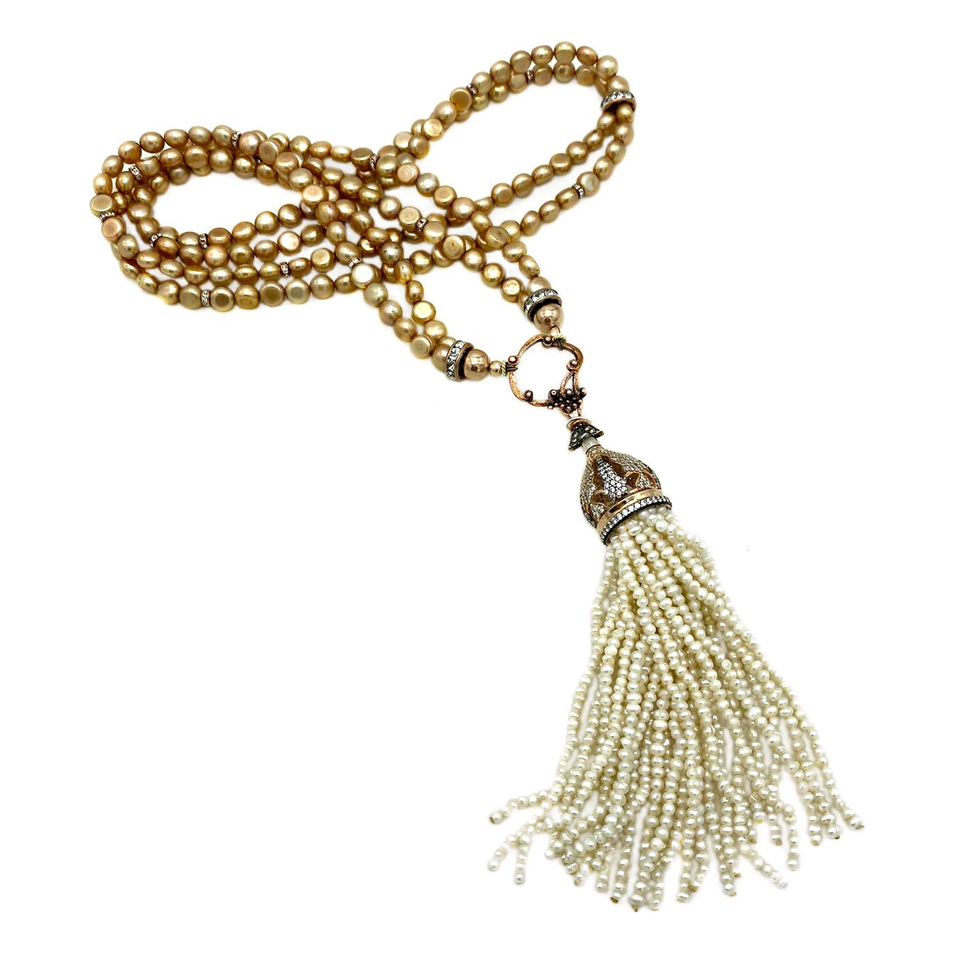 Freshwater Pearl Double Strand Necklace with Tassel Pendant en vente 2