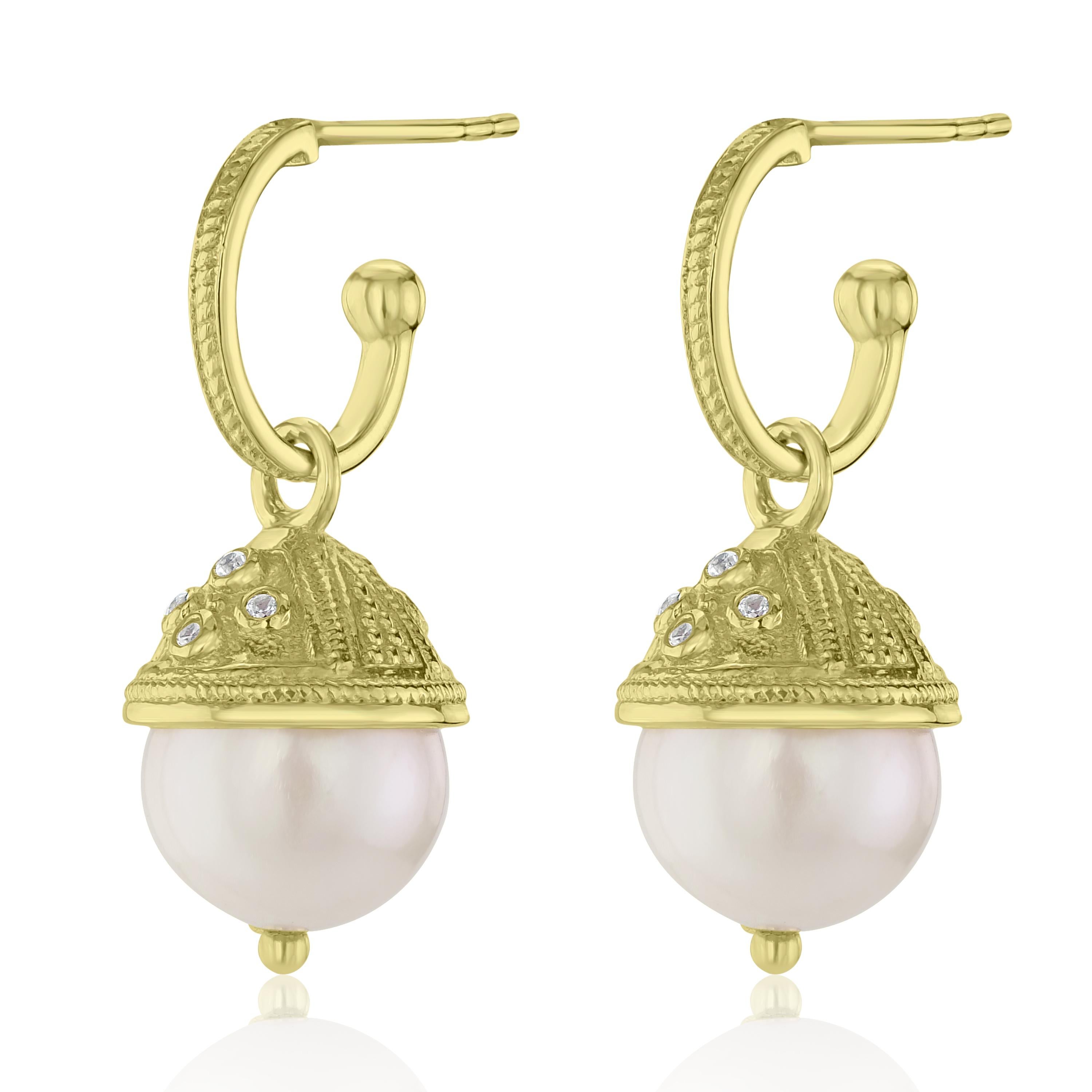  These elegant freshwater pearl women's drop earrings are perfect for any occasion. Featured with two 11-12mm freshwater pearls and 16 round natural white zircon set in genuine and nickel free 925 sterling silver with 14 Karat yellow gold plating.