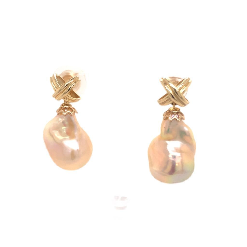 Freshwater Pearl Earrings 14 Karat Yellow Gold 25 mm Certified In New Condition For Sale In Brooklyn, NY