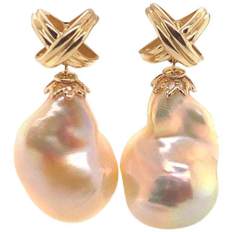 Freshwater Pearl Earrings 14 Karat Yellow Gold 25 mm Certified For Sale