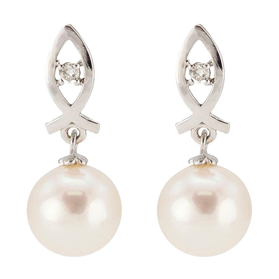 Freshwater Pearl Earrings 14K White Gold Fish and .04ctw Diamond For Sale